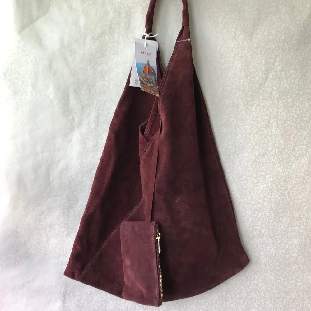 CHEVAL Firenze  Suede Genuine Leather Hobo Bag w Pouch   Wine  Made In Italy